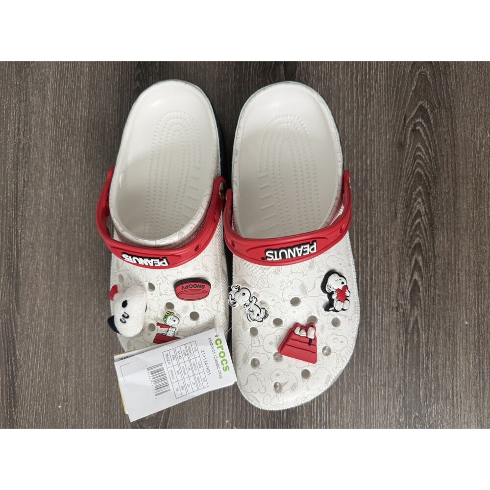 NEW Crocs x Peanuts Snoopy Classic Clog White/Red Unisex M8/W10 w/ Jibbitz